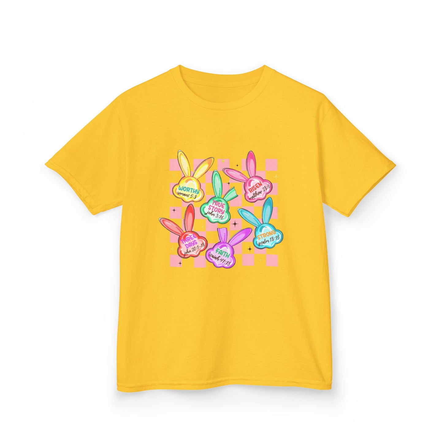 Kids Tee — Colorful Pastel Bunny Badges “Hug Me” Graphic