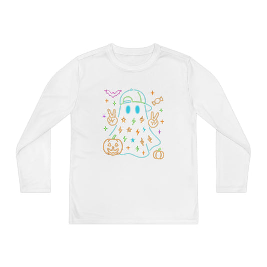Youth Long Sleeve Ghost Tee, Halloween Shirt, Pumpkin Design, Cute Apparel, Kids' Holiday Wear, Spooky Fun Top