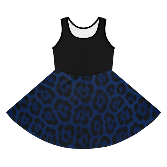 Blue Leopard Print Girls' Sundress, Fashionable Spring Dress, Perfect for Summer Parties, Daily Wear, Special Occasions