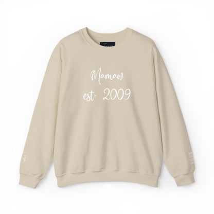 Embroidered Mamaw est. 2009- Grandkids on Wrist - Crewneck Sweatshirt — Personalized Grandma Gift
