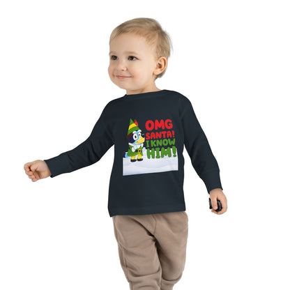 BLUE-Y Toddler Long Sleeve Tee — "OMG Santa! I Know Him!" DOG Christmas Shirt