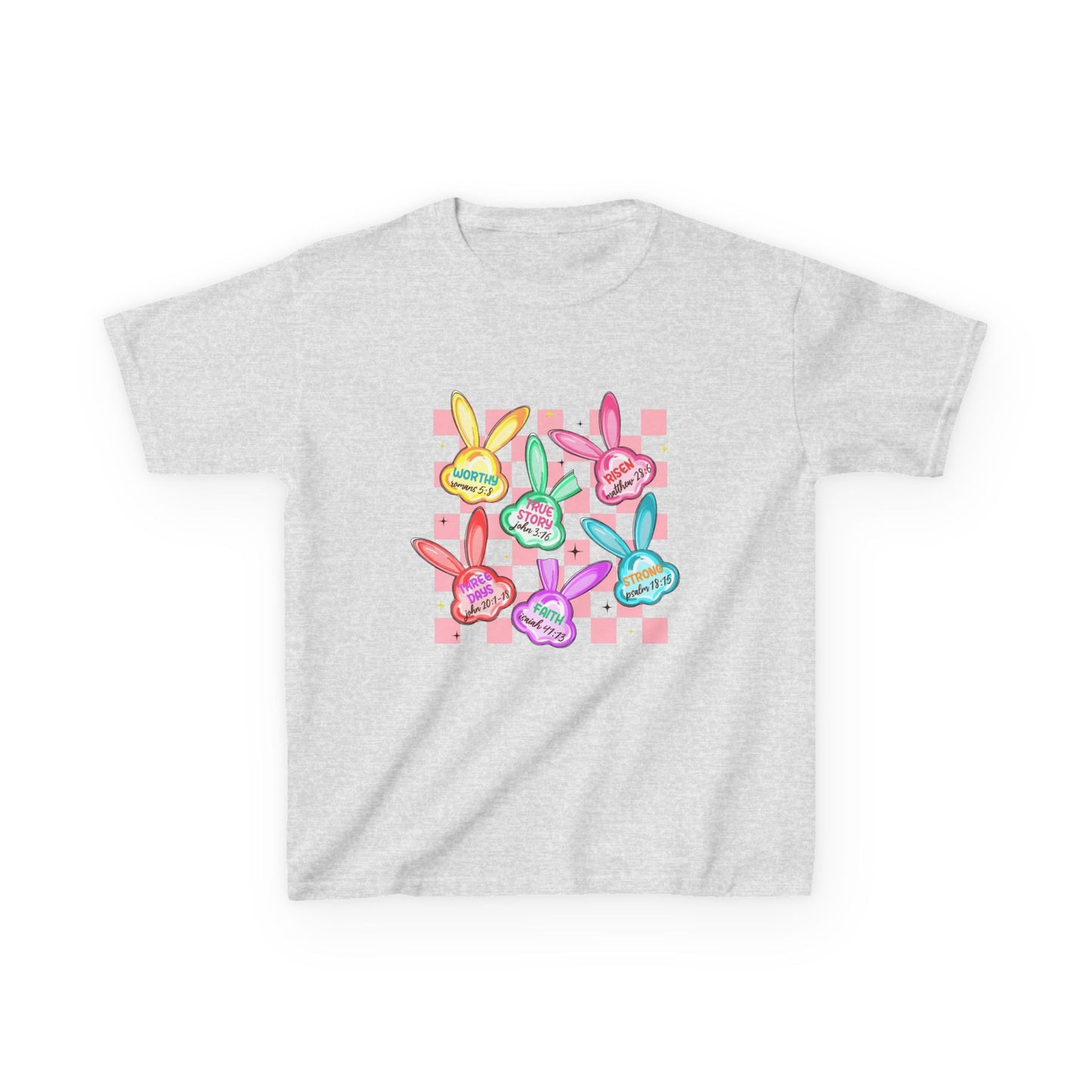 Kids Tee — Colorful Pastel Bunny Badges “Hug Me” Graphic