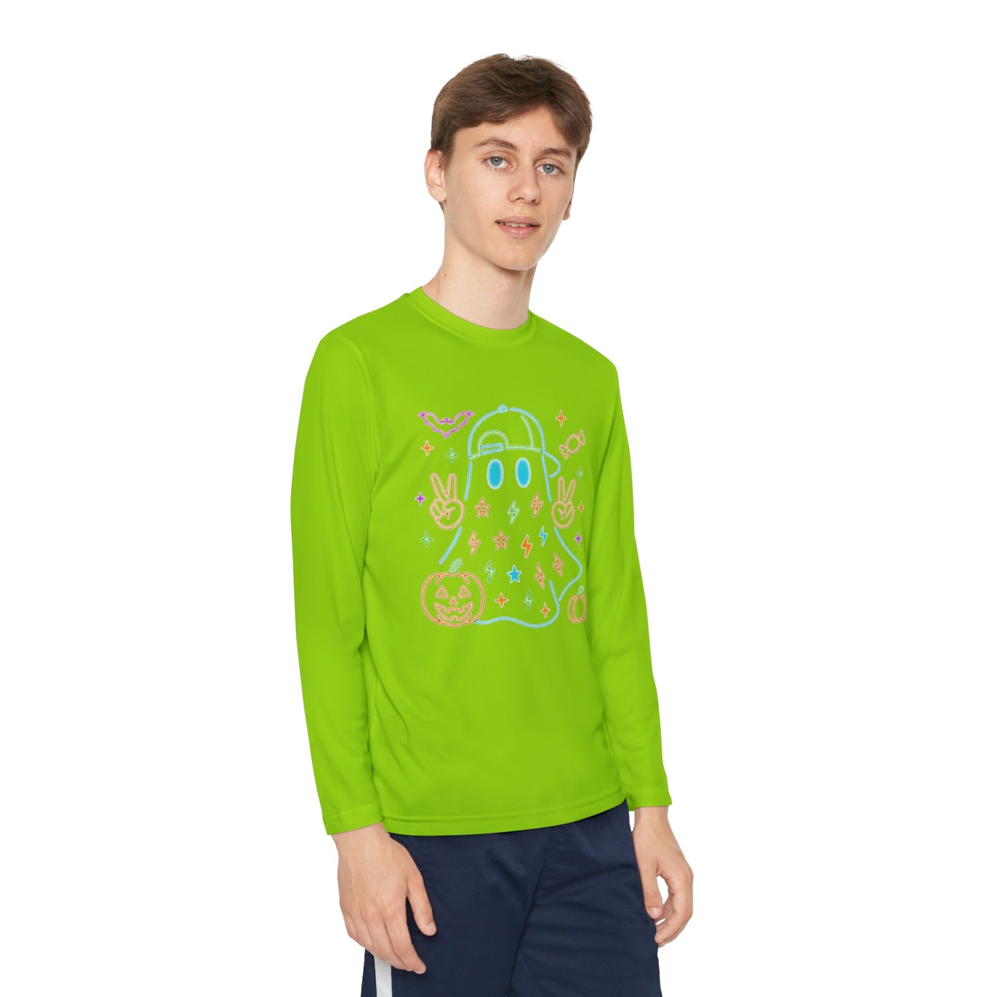 Youth Long Sleeve Ghost Tee, Halloween Shirt, Pumpkin Design, Cute Apparel, Kids' Holiday Wear, Spooky Fun Top