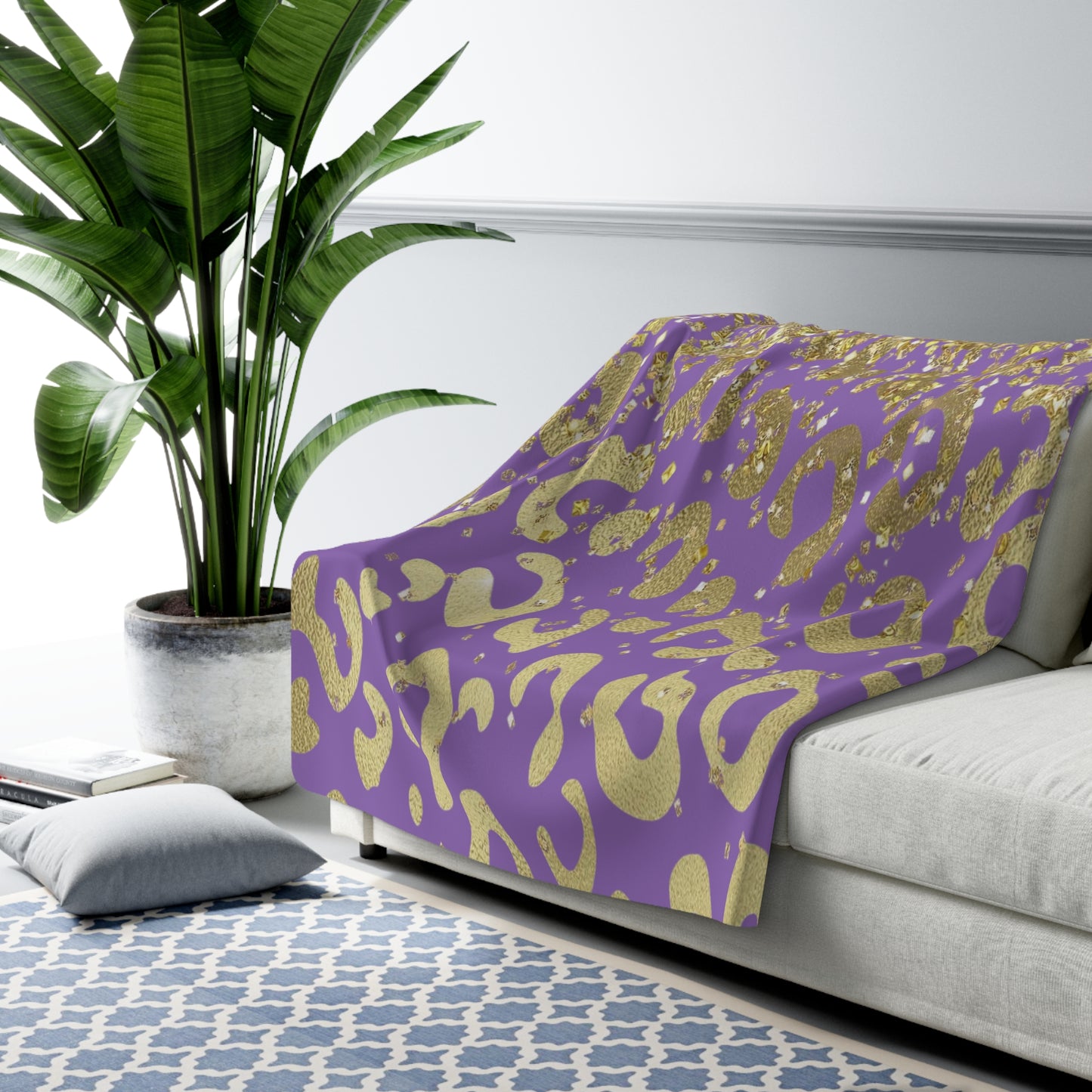 Gold Glitter Leopard Sherpa Blanket — Purple Animal Print Cozy Throw