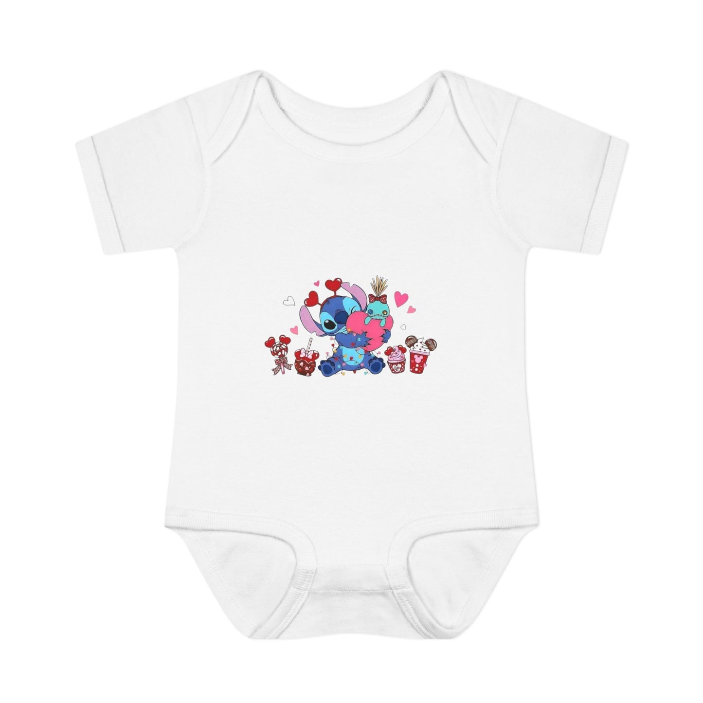 Stitch Valentine Baby Bodysuit — Cute Disney-Inspired Infant Onesie with Hearts & Treats