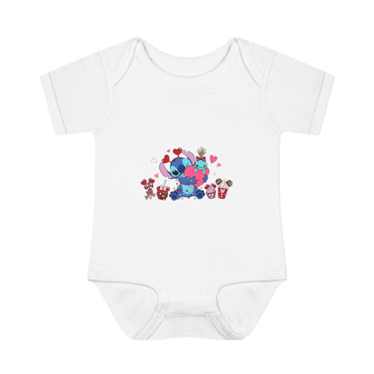 Stitch Valentine Baby Bodysuit — Cute Disney-Inspired Infant Onesie with Hearts & Treats
