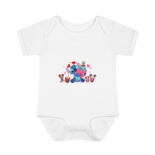 Stitch Valentine Baby Bodysuit — Cute Disney-Inspired Infant Onesie with Hearts & Treats