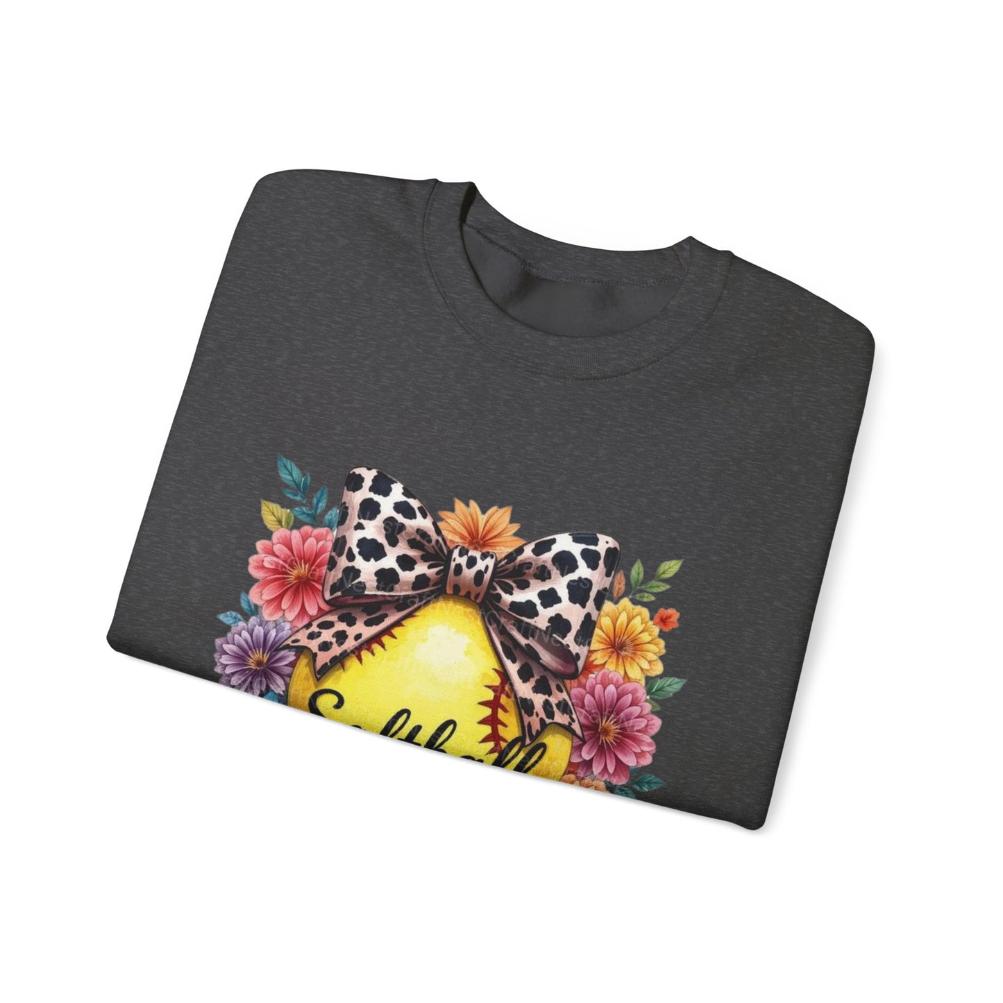 Softball Mama Crewneck Sweatshirt — Floral Softball Design with Leopard Bow