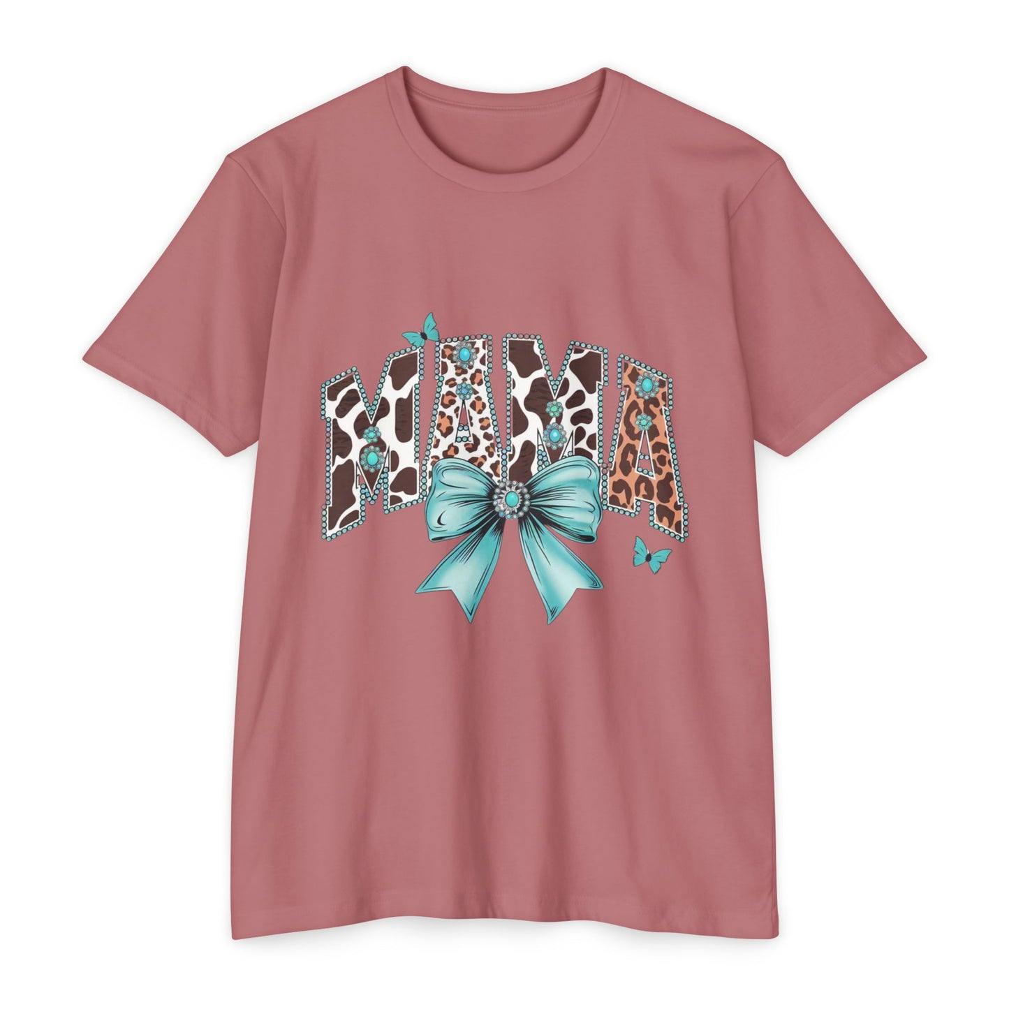 Mama Leopard Print Ribbon T‑Shirt — Teal Bow Mom Shirt