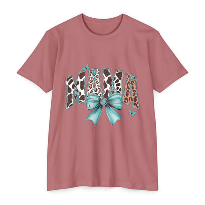 Mama Leopard Print Ribbon T‑Shirt — Teal Bow Mom Shirt