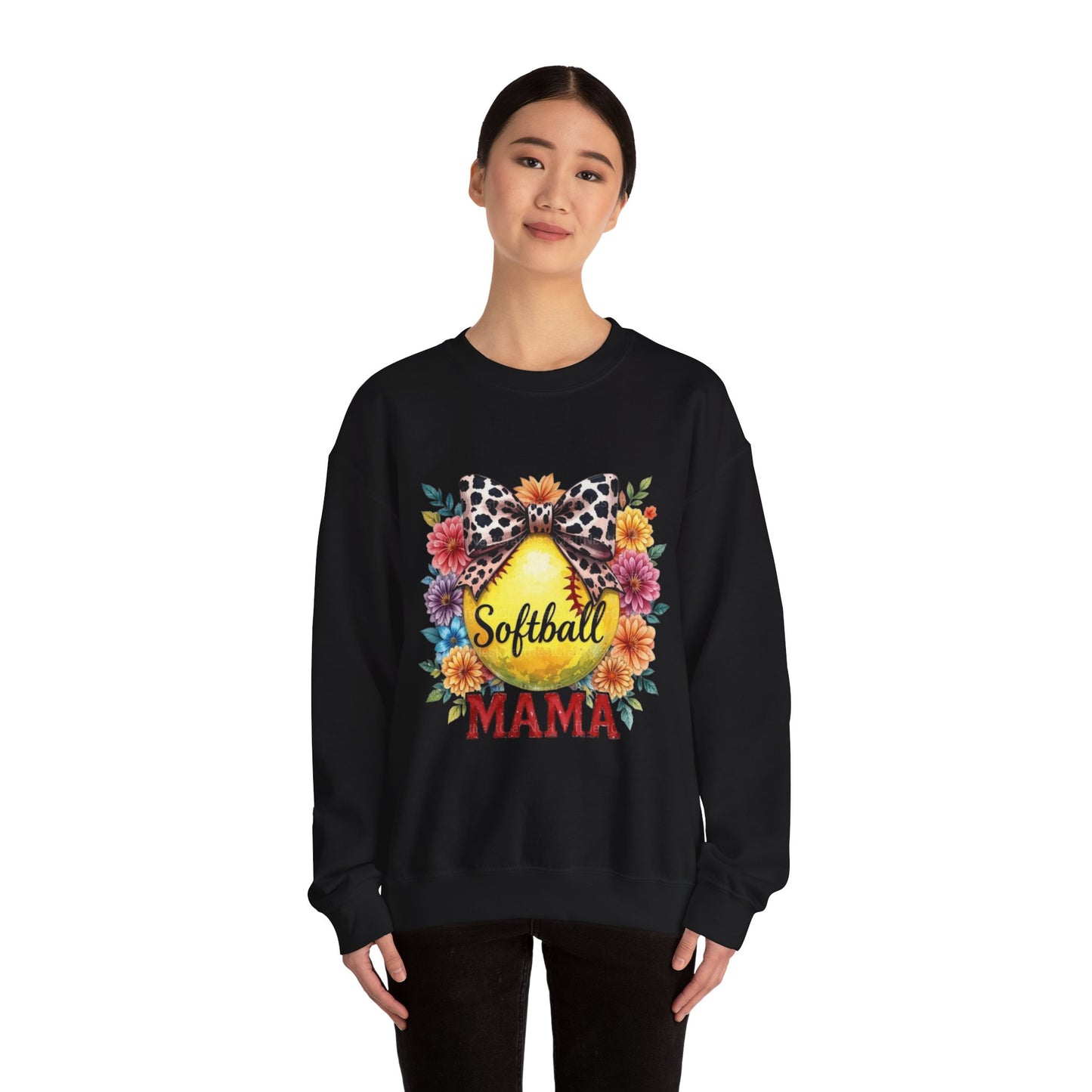 Softball Mama Crewneck Sweatshirt — Floral Softball Design with Leopard Bow