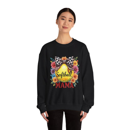 Softball Mama Crewneck Sweatshirt — Floral Softball Design with Leopard Bow