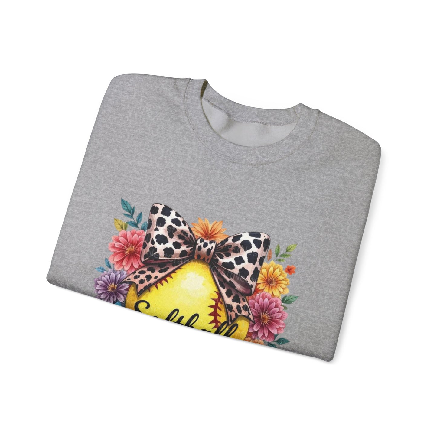 Softball Mama Crewneck Sweatshirt — Floral Softball Design with Leopard Bow
