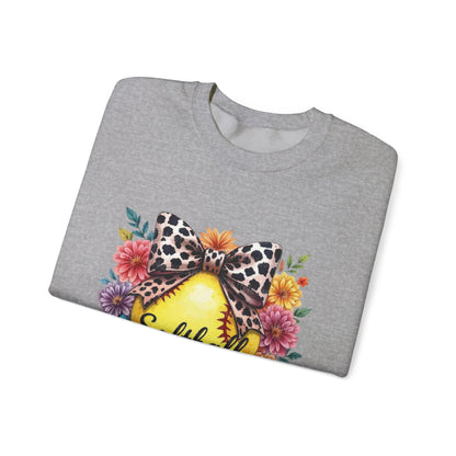 Softball Mama Crewneck Sweatshirt — Floral Softball Design with Leopard Bow