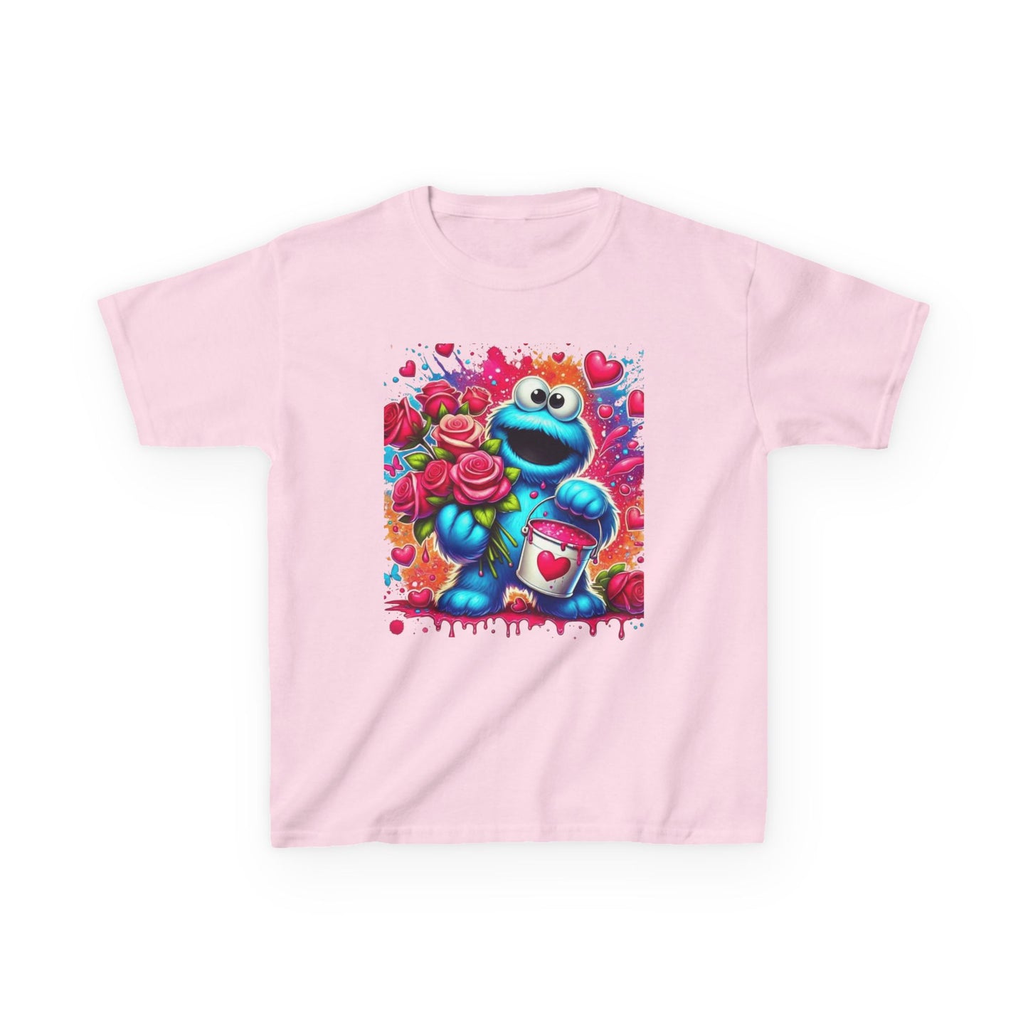 Valentine Blue Monster Kids Tee — Cute Fluffy Monster with Roses & Heart Paint