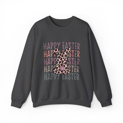 Easter Leopard Bunny Sweatshirt — "Happy Easter" Pastel Graphic Crewneck