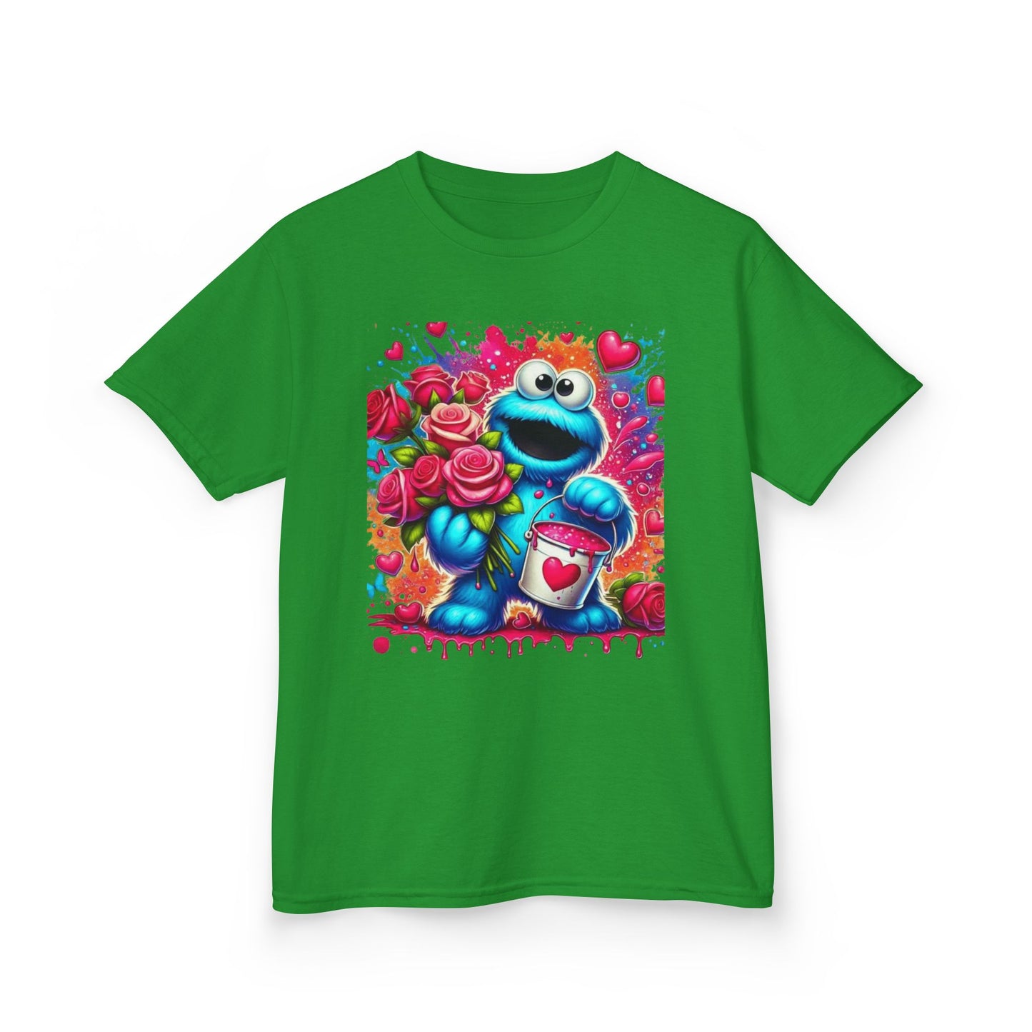 Valentine Blue Monster Kids Tee — Cute Fluffy Monster with Roses & Heart Paint