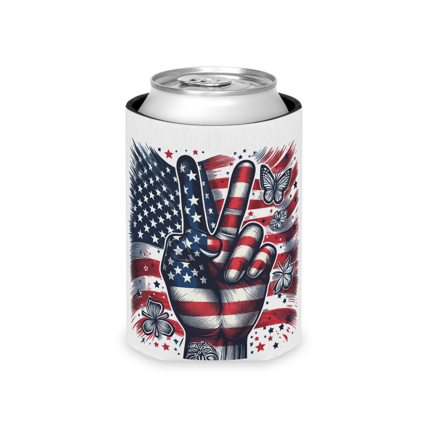 American Flag Peace Sign Can Cooler – 4th of July Patriotic Koozie