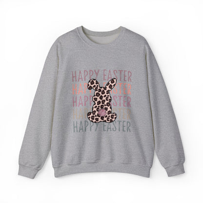 Easter Leopard Bunny Sweatshirt — "Happy Easter" Pastel Graphic Crewneck