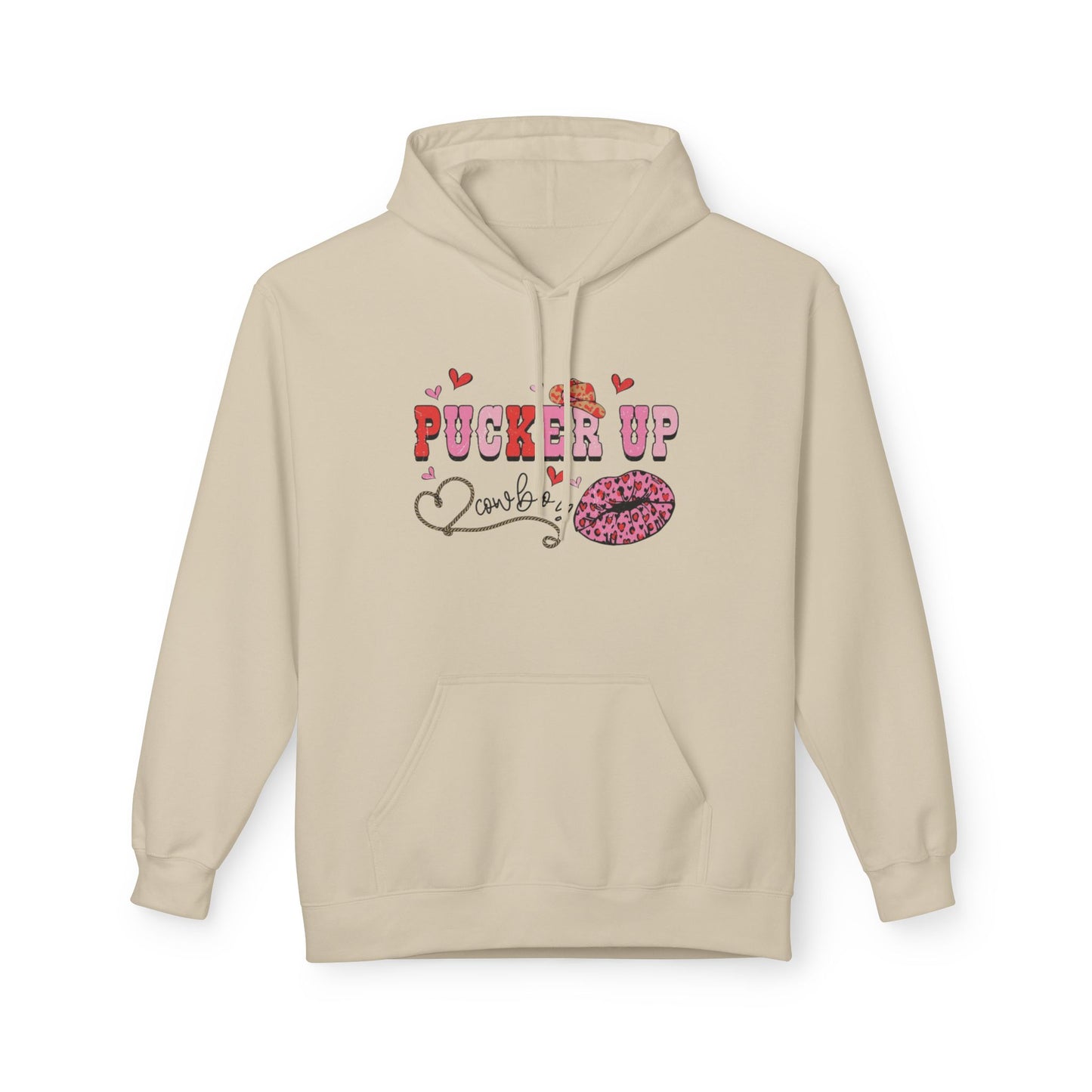 Pucker Up Hoodie — Pink Lip Print Valentine’s Graphic Sweatshirt