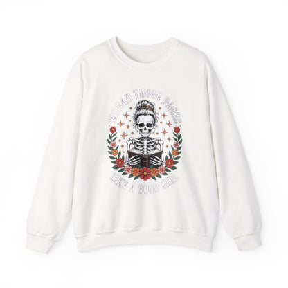 Skeleton Reading Sweatshirt — "And Then There Were None" Floral Gothic Crewneck