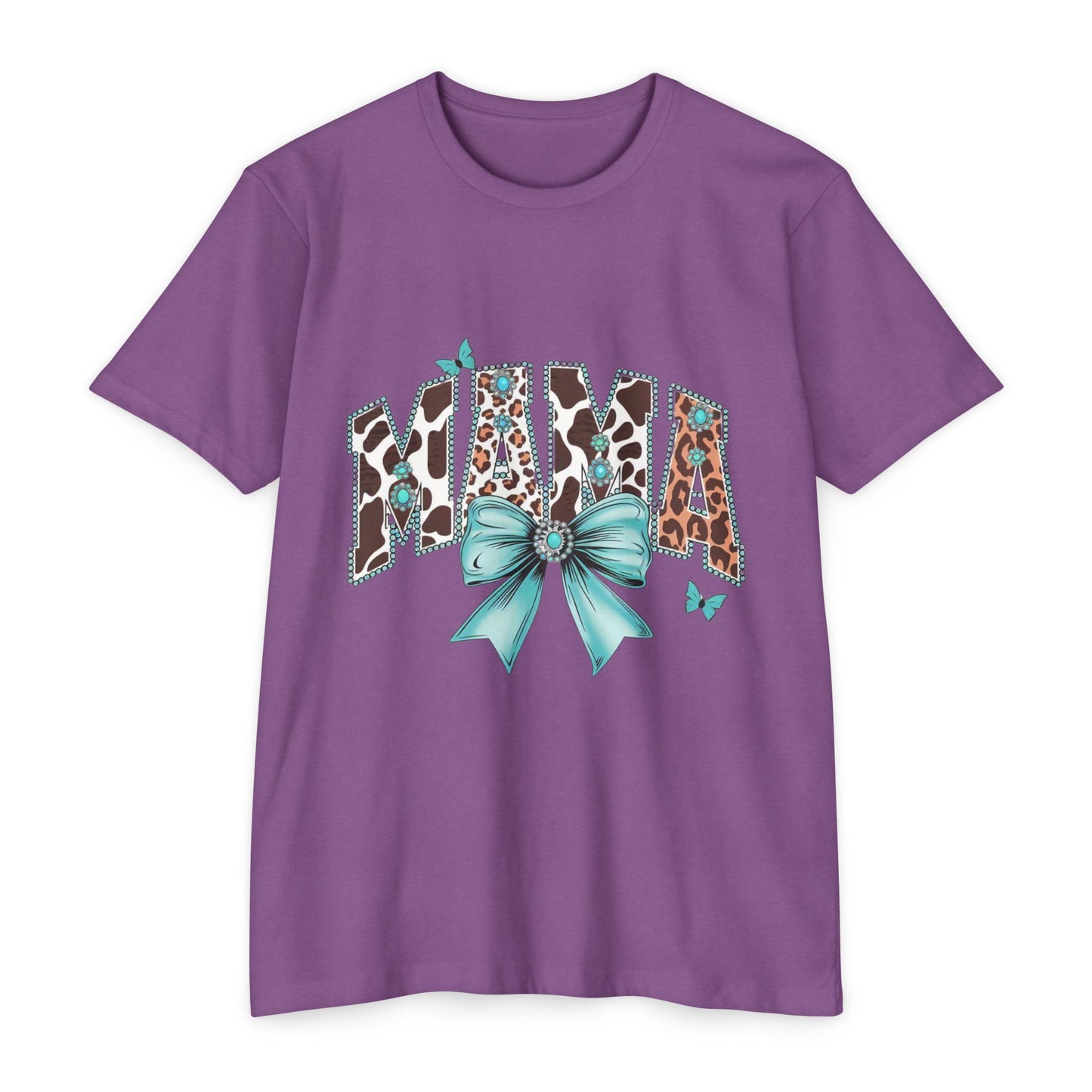 Mama Leopard Print Ribbon T‑Shirt — Teal Bow Mom Shirt