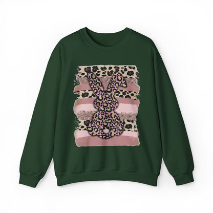 Leopard Print Bunny Crewneck Sweatshirt — Pink Striped Animal Easter Pullover