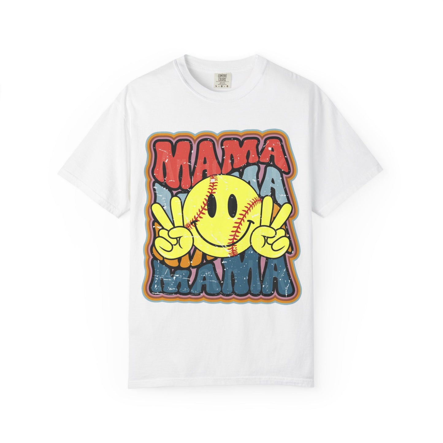 Mama Softball Smile T-Shirt — Retro Peace Sign Softball Mom Tee