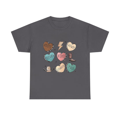 Cowgirl Candy Heart Tee — Cute Western Hearts Graphic T-Shirt (XOXO, Howdy, Y'all)