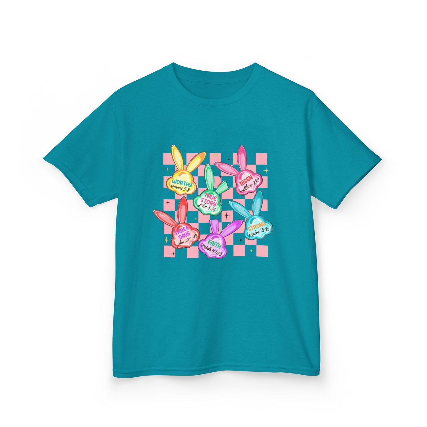 Kids Tee — Colorful Pastel Bunny Badges “Hug Me” Graphic