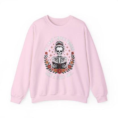 Skeleton Reading Sweatshirt — "And Then There Were None" Floral Gothic Crewneck