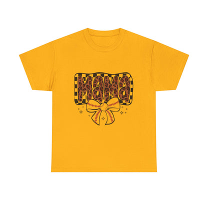 Mama Baseball Tee — Leopard Print Mama with Bow Sports Mom Shirt
