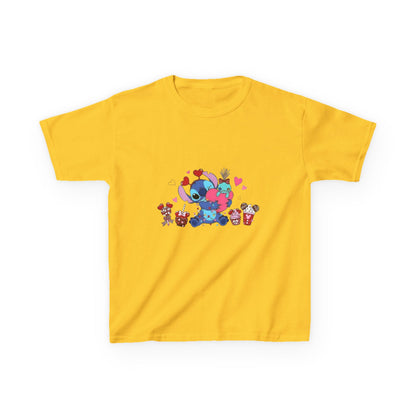 Stitch- Kids Valentine Alien Tee — Cute Blue Alien Hugging Pink Heart Plushie