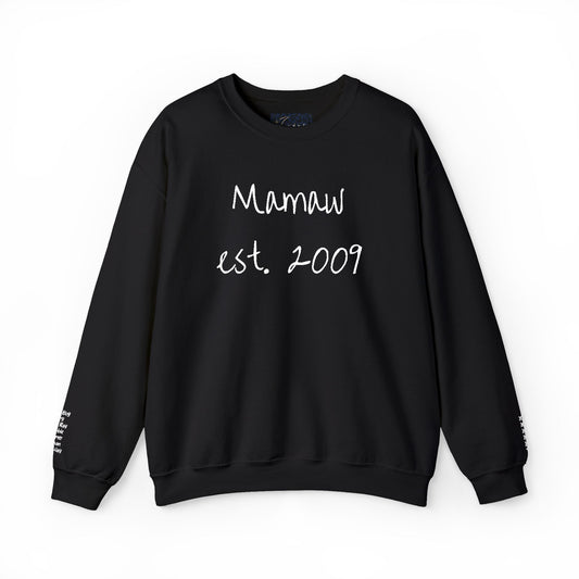 Embroidered Mamaw est. 2009- Grandkids on Wrist - Crewneck Sweatshirt — Personalized Grandma Gift