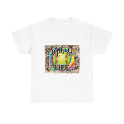 Softball Life Tee — Neon Softball Graphic with Leopard Accent
