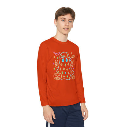 Youth Long Sleeve Ghost Tee, Halloween Shirt, Pumpkin Design, Cute Apparel, Kids' Holiday Wear, Spooky Fun Top