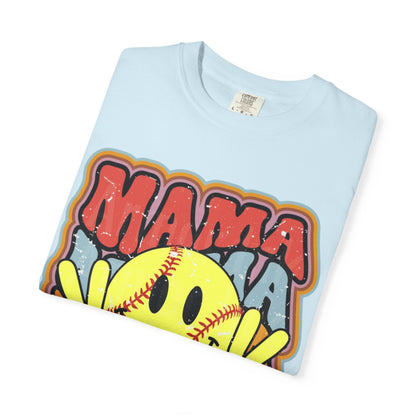 Mama Softball Smile T-Shirt — Retro Peace Sign Softball Mom Tee