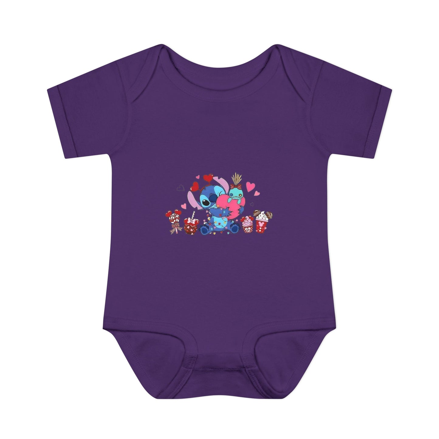 Stitch Valentine Baby Bodysuit — Cute Disney-Inspired Infant Onesie with Hearts & Treats