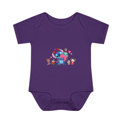 Stitch Valentine Baby Bodysuit — Cute Disney-Inspired Infant Onesie with Hearts & Treats
