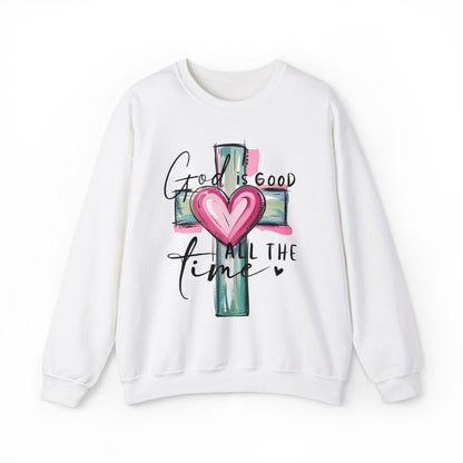 God Is Good Crewneck Sweatshirt — Cross Design with Pink Glow