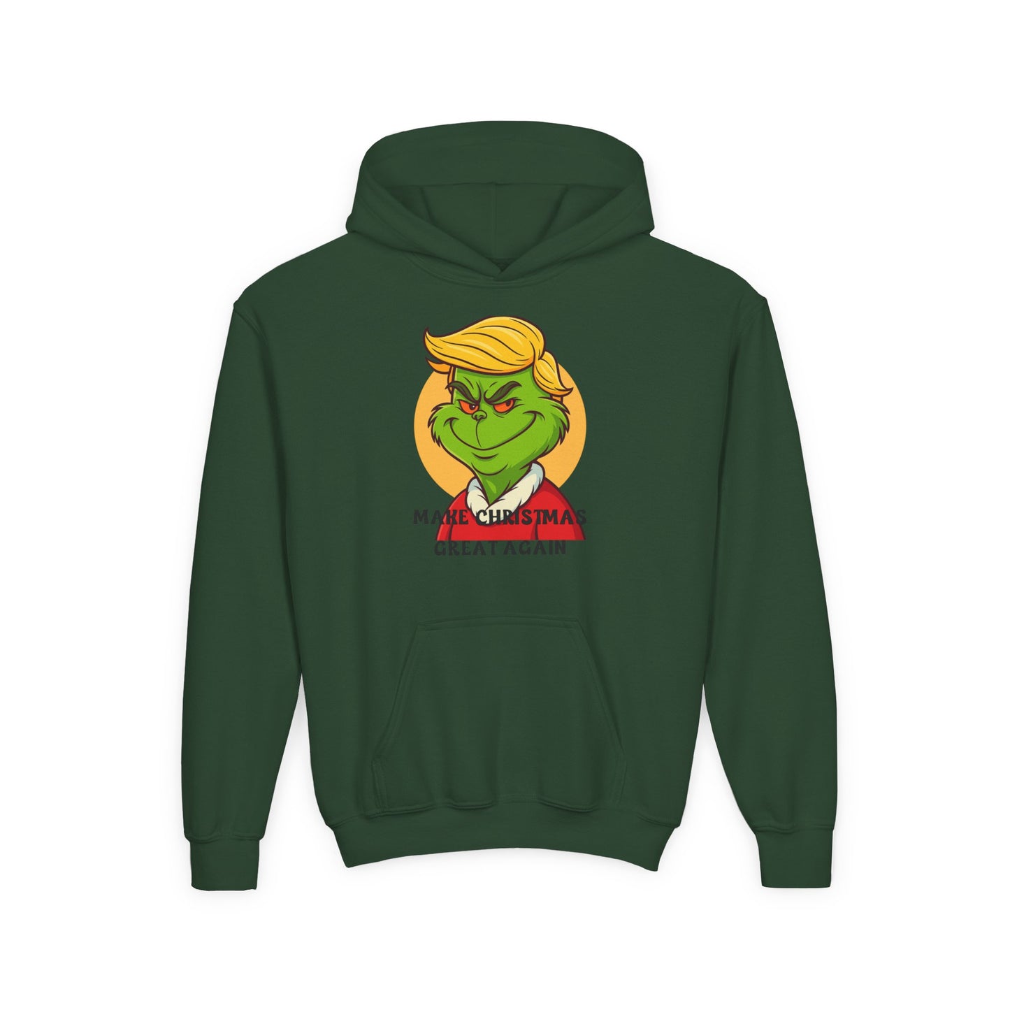Youth Hoodie — Grinch Face Holiday Sweatshirt with 'Make Christmas Great Again' Text