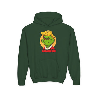 Youth Hoodie — Grinch Face Holiday Sweatshirt with 'Make Christmas Great Again' Text