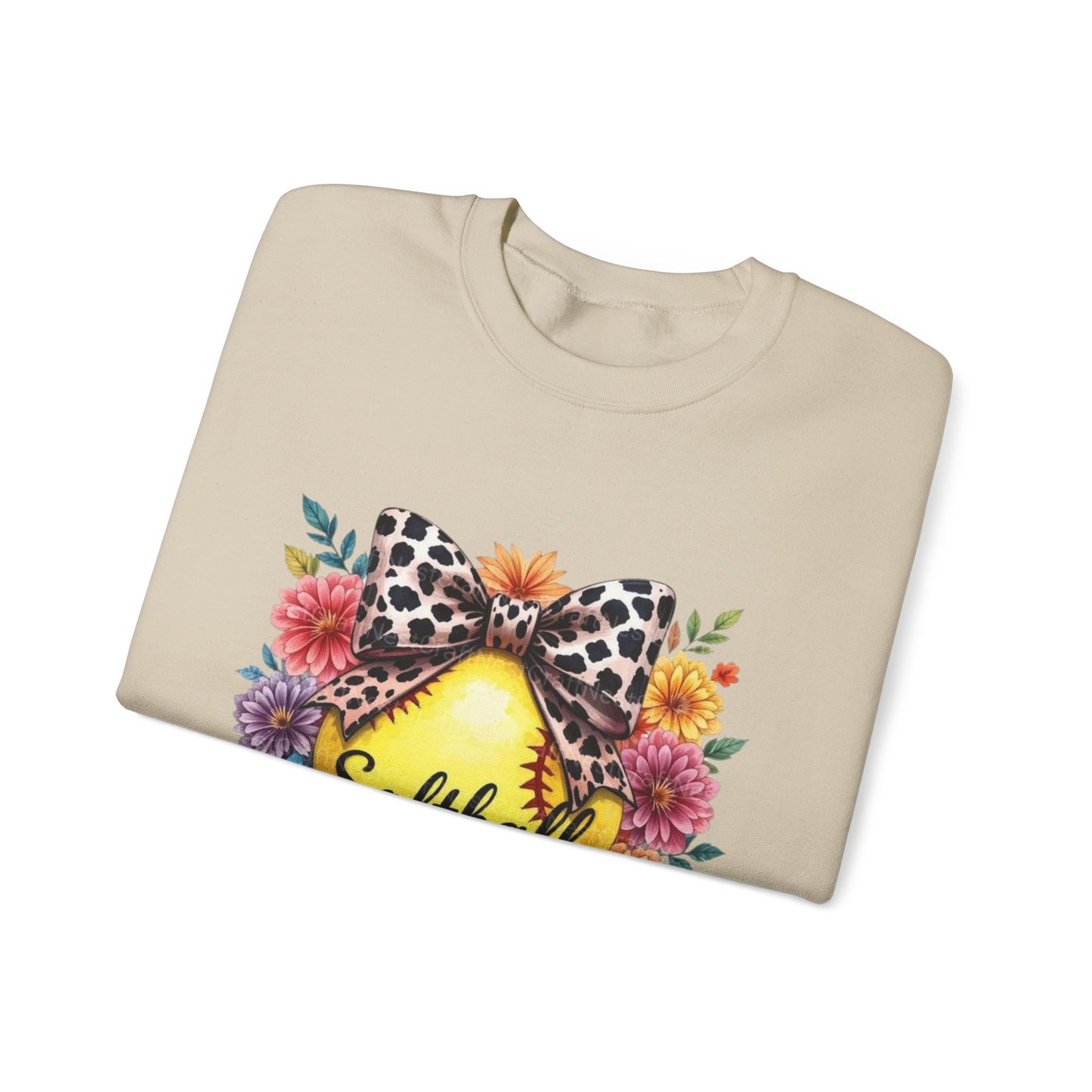 Softball Mama Crewneck Sweatshirt — Floral Softball Design with Leopard Bow