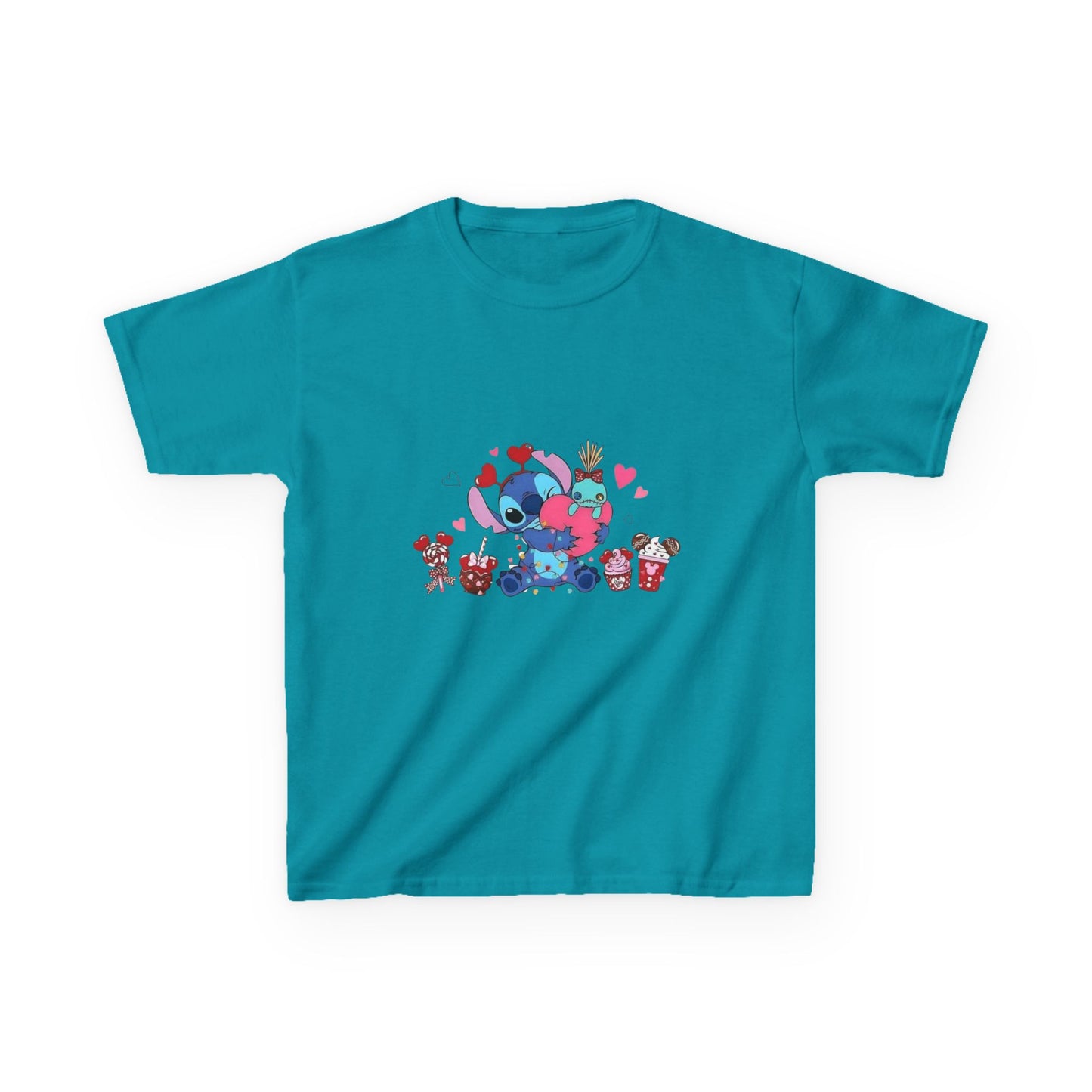 Stitch- Kids Valentine Alien Tee — Cute Blue Alien Hugging Pink Heart Plushie