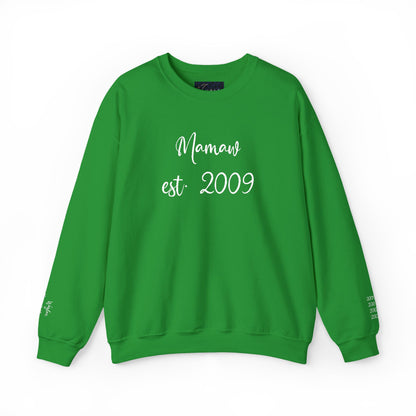 Embroidered Mamaw est. 2009- Grandkids on Wrist - Crewneck Sweatshirt — Personalized Grandma Gift