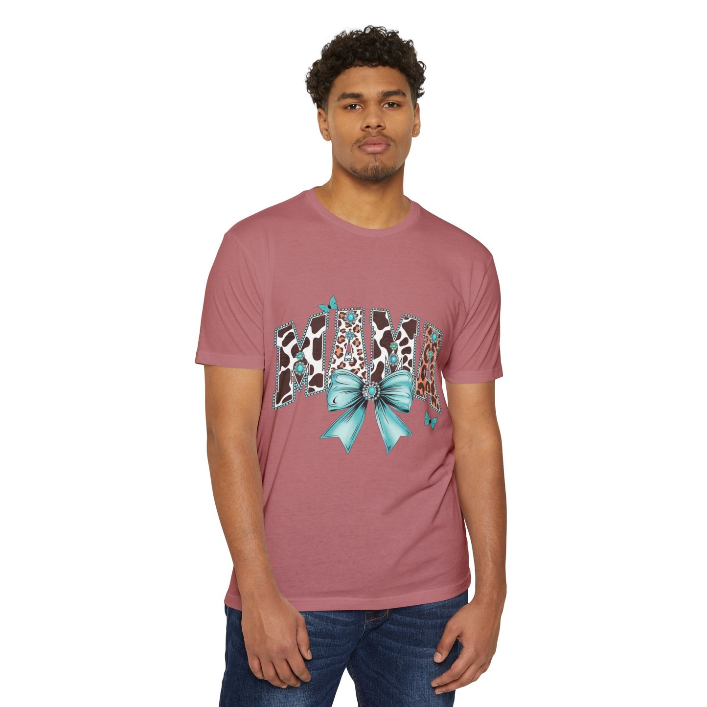 Mama Leopard Print Ribbon T‑Shirt — Teal Bow Mom Shirt