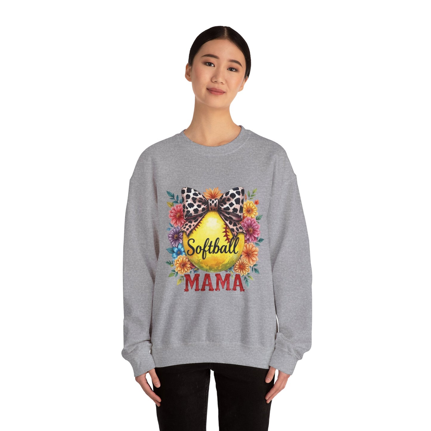 Softball Mama Crewneck Sweatshirt — Floral Softball Design with Leopard Bow