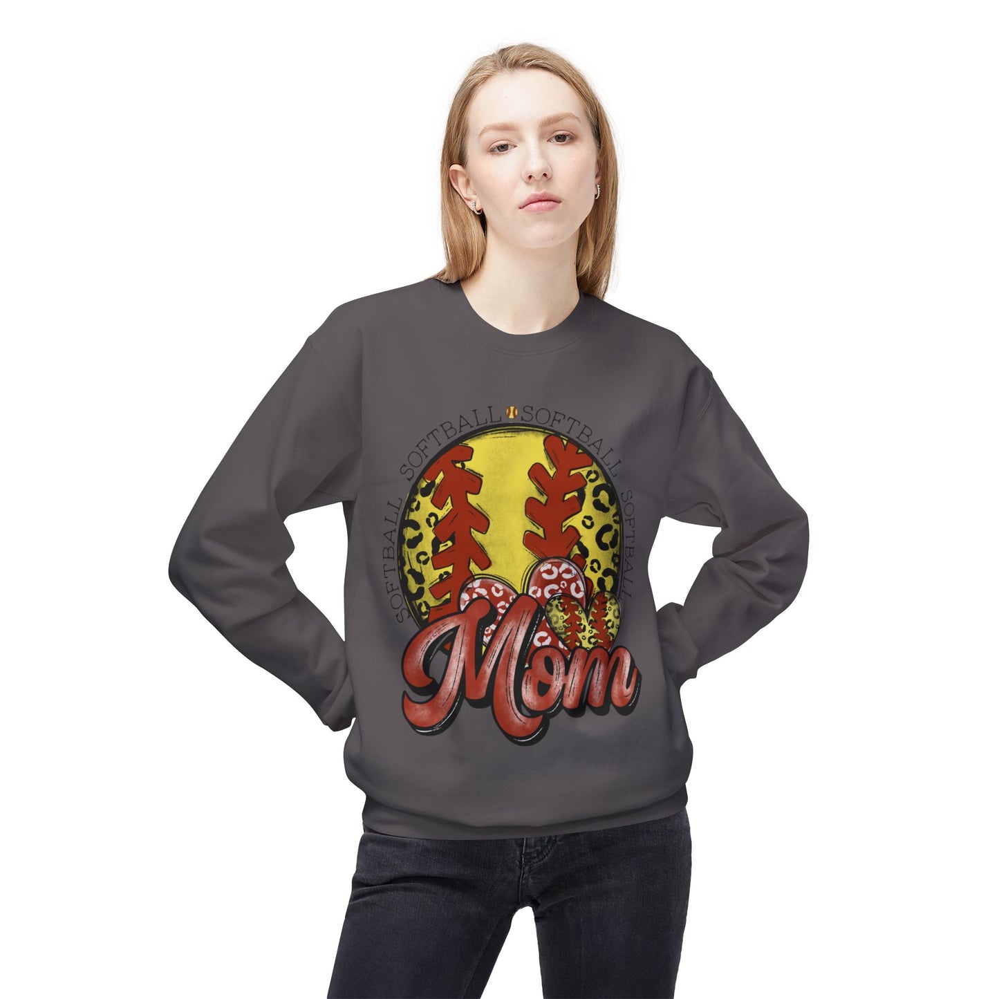 Softball Mom Crewneck Sweatshirt – Leopard Stitch Ball Graphic