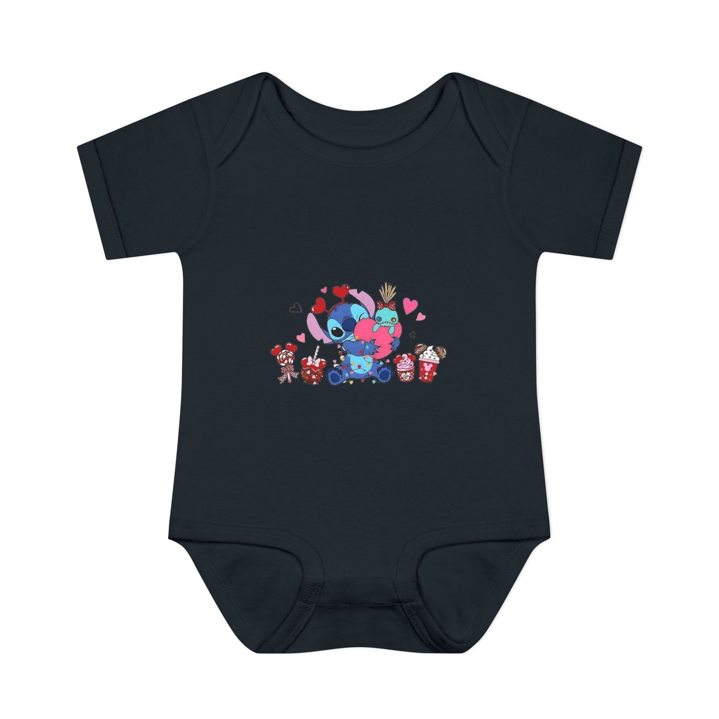 Stitch Valentine Baby Bodysuit — Cute Disney-Inspired Infant Onesie with Hearts & Treats