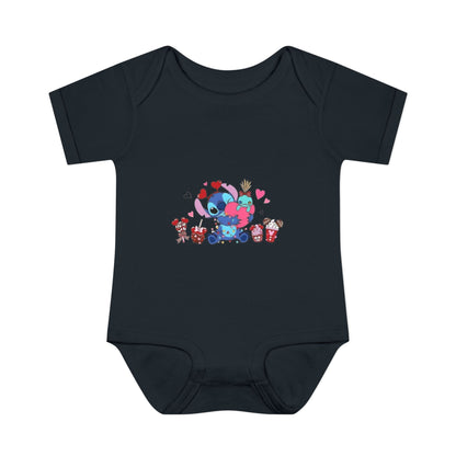 Stitch Valentine Baby Bodysuit — Cute Disney-Inspired Infant Onesie with Hearts & Treats